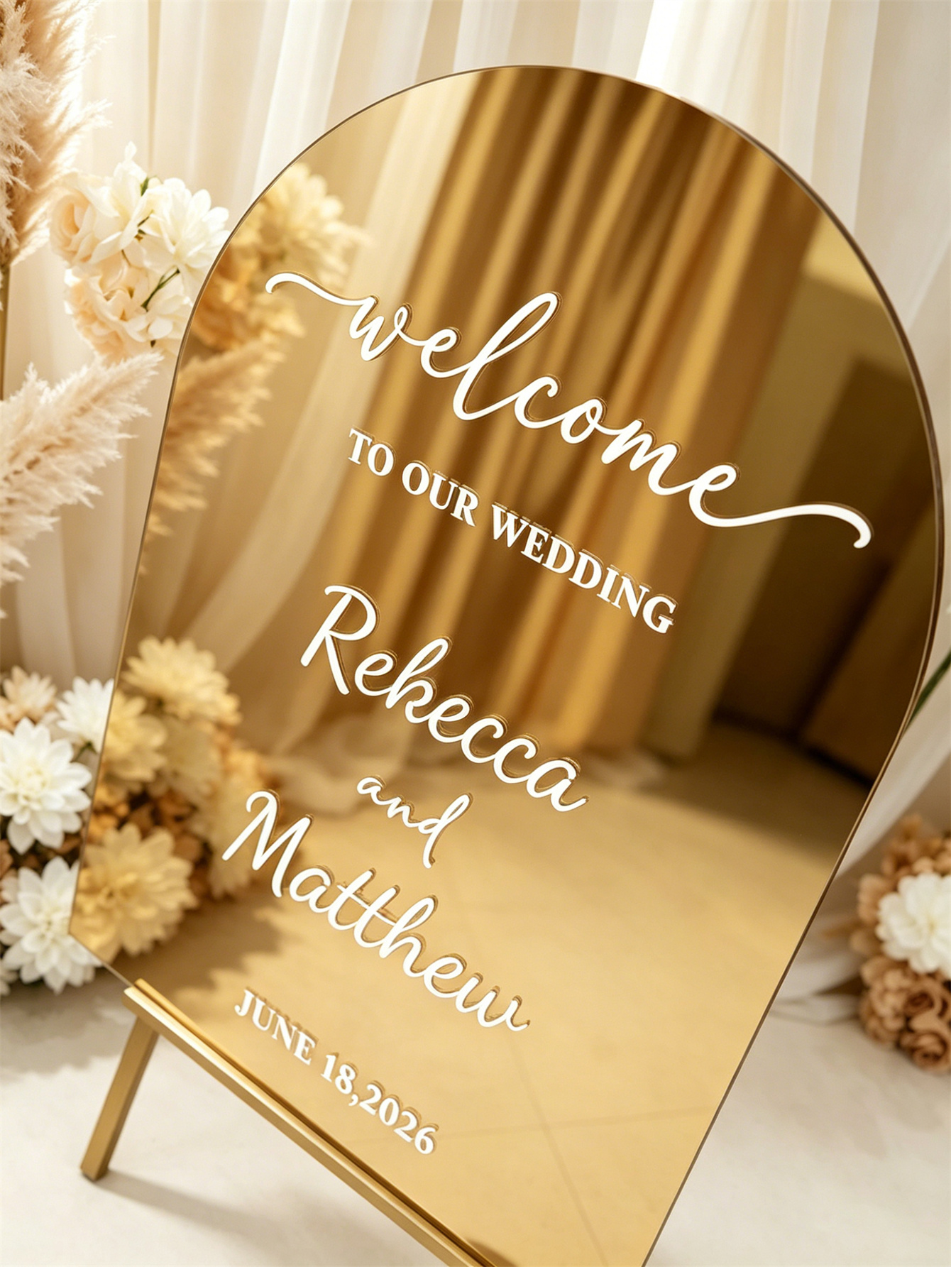 Mirror acrylic welcome signs, golden mirror wedding direction signs, custom wedding direction signs, ceremony welcome signs